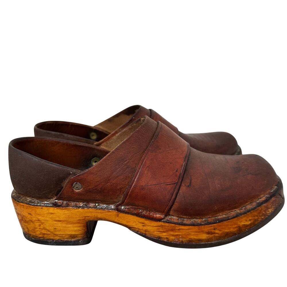 Vtg Scandinavian Wooden Clogs Brown Leather Women’s ClickTite Heel est. 7